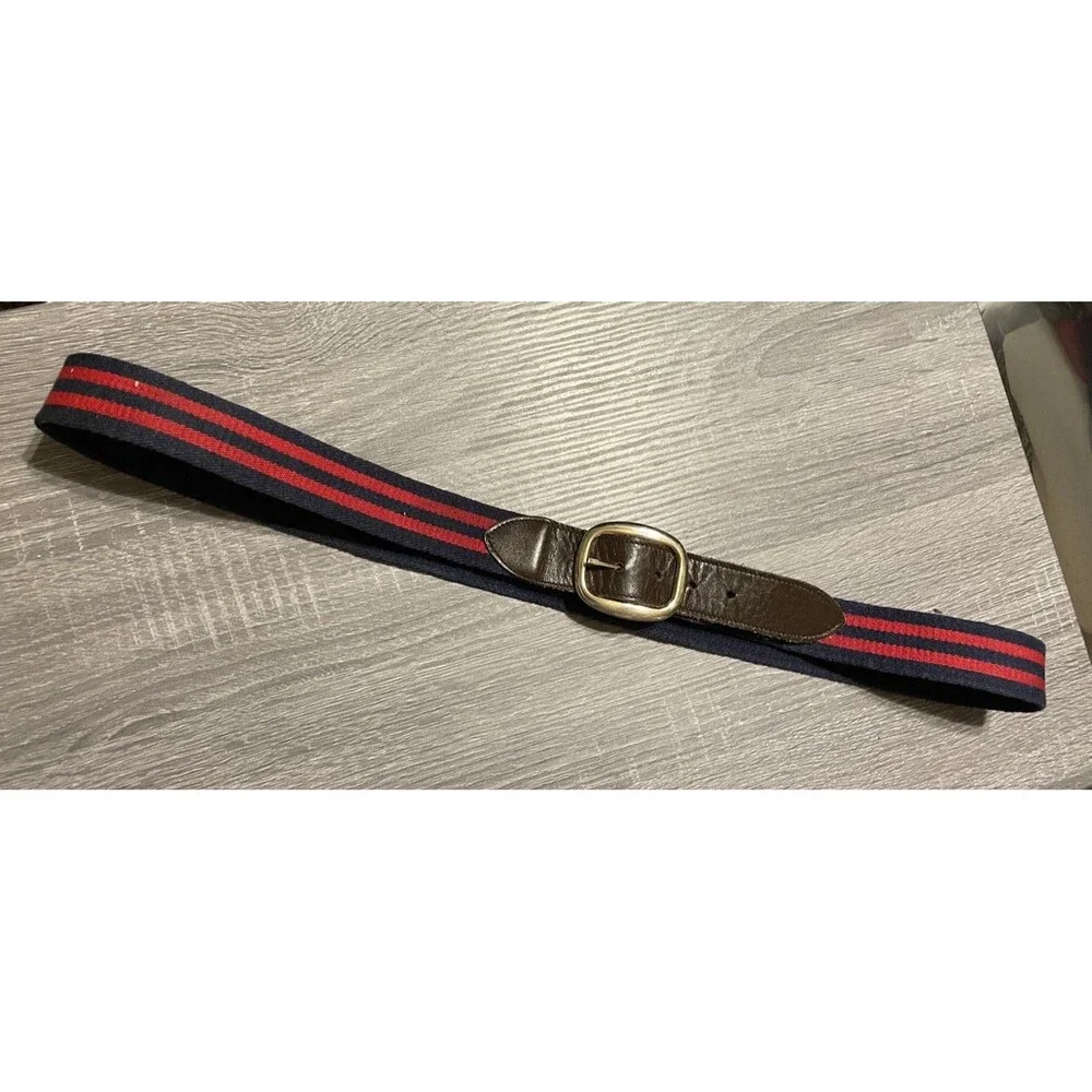 Vintage Surcingle Gold Tone Belt Buckle Navy Blue & Red Stripes SZ 44 Equestrian